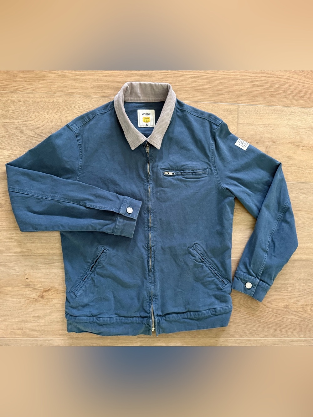 WillBo USA Made Cotton Work Jacket Small Blue Gray Corduroy Collar Utility Chore